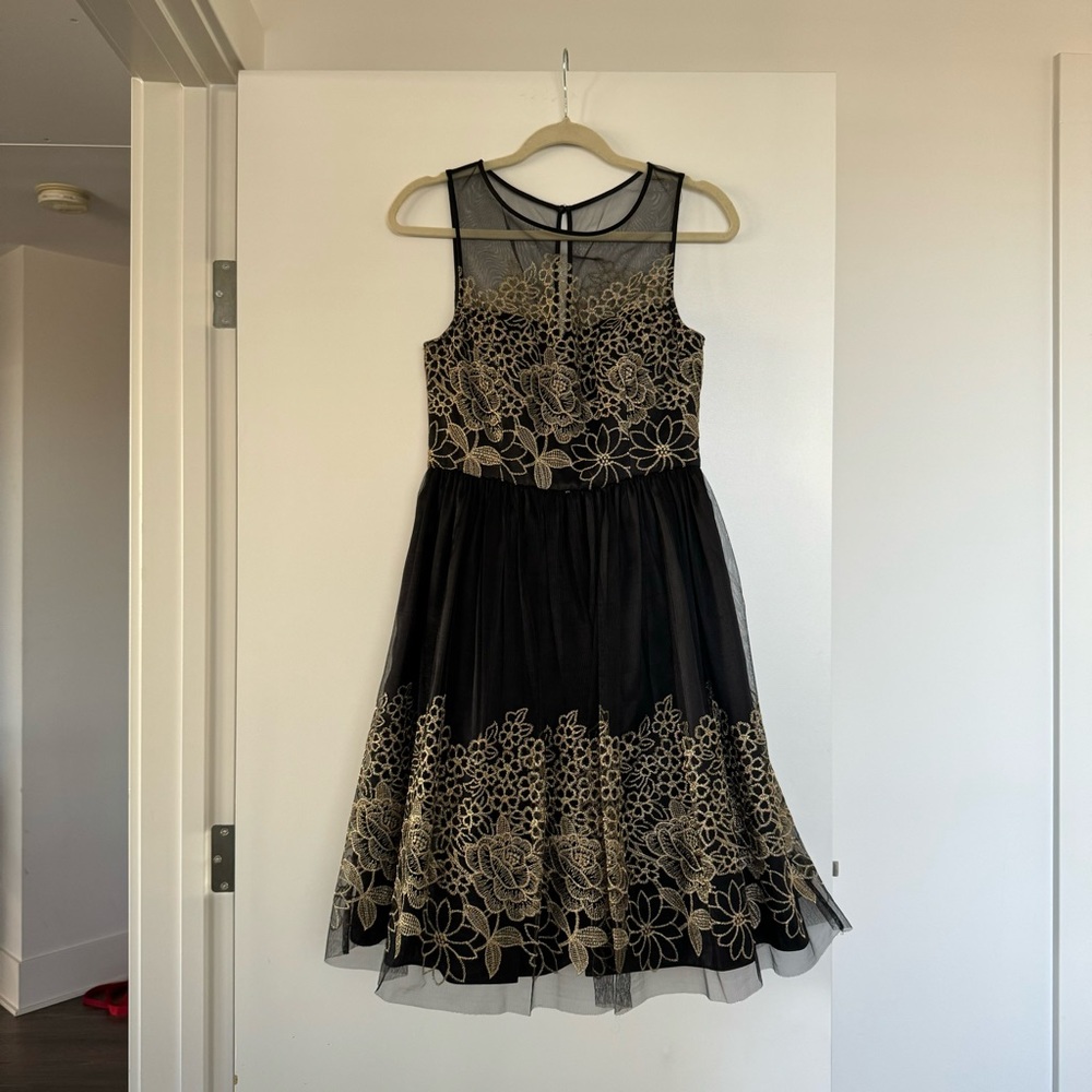 Black & Gold Floral Tulle Cocktail Dress